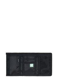 Black wallet made of durable fabric, featuring multiple card slots, a green logo tag, and a textured finish. Compact, foldable design.