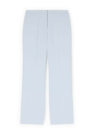 Hellblaue, gerade geschnittene Hose mit vorderer Bügelfalte, Bund und verdecktem Frontverschluss, flach auf weißem Hintergrund liegend.