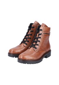 Bottines en cuir marron avec lacets noirs, finition texturée, bout rond, accents latéraux, et semelle en caoutchouc pour une meilleure adhérence et durabilité.