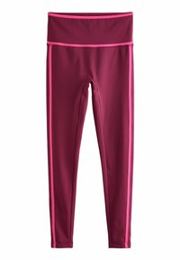 Leggings od rastezljive tamnocrvene tkanine s širokim pojasom, s ružičastim bočnim trakama. Glatka tekstura, uski dizajn.