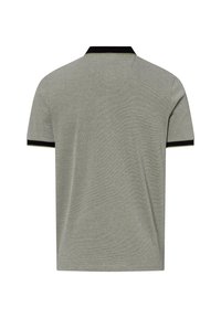 Kurzarm-Polo-Shirt in Hellgrau mit schwarzem Kragen und Ärmelbündchen. Verfügt über einen strukturierten Stoff und einen geraden Schnitt in der Taille.