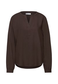 Blouse marron à manches longues en tissu léger, dotée d'un col en V, de poignets élastiqués et d'un ourlet arrondi. Design simple et épuré.