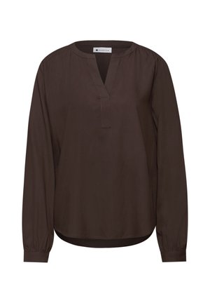 Blouse marron à manches longues en tissu léger, dotée d'un col en V, de poignets élastiqués et d'un ourlet arrondi. Design simple et épuré.