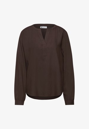 Brun bluse med lange ærmer i letvægtsstof, med V-udskæring, elastiske manchetter og rundet kant. Enkel og strømlinet design.