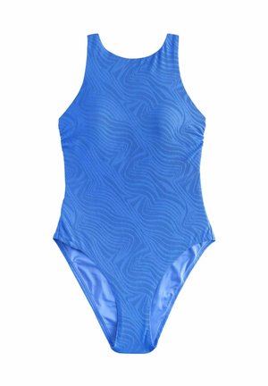 Blue one-piece swimsuit with subtle wave-like textured pattern and high neckline on a white background.