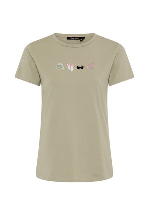 Light beige t-shirt with embroidered icons of a bucket hat, striped sandals, black sunglasses, and a pink deck chair across the chest.