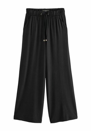 Zwarte broek met wijde pijpen, gemaakt van zachte stof, met een elastische tailleband met een trekkoord en zakken aan de voorkant. Eenvoudig en functioneel ontwerp.