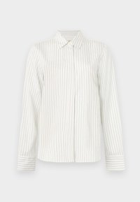 Bela srajca s gumbi, z navpičnimi svetlo sivimi in modrimi črtami, dolgimi rokavi, standardnim ovratnikom in ravnim robom.