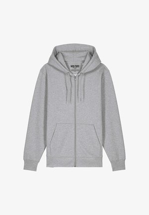 Šedá mikina na zip vyrobená z bavlněné směsi. Obsahuje kapuci se stahovací šňůrkou, přední kapsy a žebrované manžety a lem. Jednoduchý, minimalistický design.