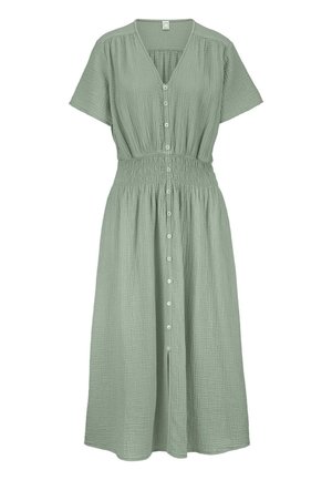 Abito midi verde chiaro con maniche corte, scollo a V, bottoni frontali e dettaglio in vita arricciato in un tessuto strutturato.