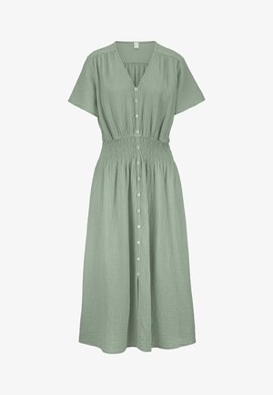 Abito midi verde chiaro con maniche corte, scollo a V, bottoni frontali e dettaglio in vita arricciato in un tessuto strutturato.