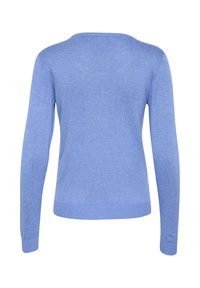 Blauwe trui met lange mouwen en een ronde halslijn. Gemaakt van zachte breimateriaal, met geribde boorden en zoom. Achteraanzicht weergegeven.