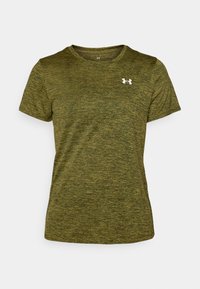 Camiseta deportiva de manga corta para hombre en verde oliva jaspeado de Under Armour con logo blanco en el pecho.
