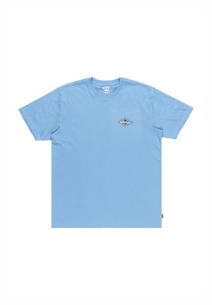 Light blue cotton t-shirt, crew neck, short sleeves, featuring a small diamond-shaped graphic in contrasting colors on the left chest.
