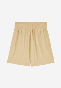 Pantaloni corti con elastico in vita, realizzati in tessuto giallo chiaro, caratterizzati da una vestibilità comoda, gambe larghe e una texture liscia, senza motivi o dettagli aggiuntivi.