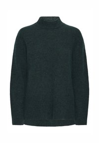 Pulover verde închis cu guler tip helancă, realizat dintr-o țesătură moale și texturată; are o croială lejeră și fante laterale pentru libertate de mișcare.