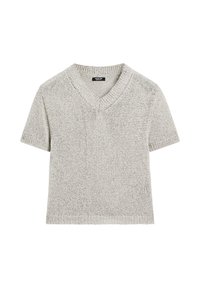 Pullover grigio a maglia con maniche corte, scollatura a V e vestibilità morbida. Tessuto texturizzato. Design casual senza fantasie o decorazioni.