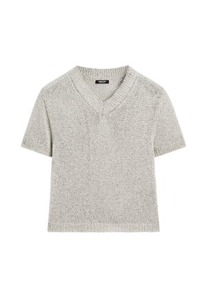 Grauer Strickpullover mit kurzen Ärmeln, V-Ausschnitt und lockerem Schnitt. Strukturierter Stoff. Lässiges Design ohne Muster oder Verzierungen.