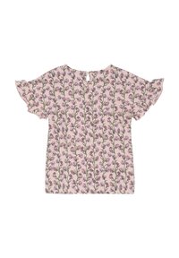 Rosa blus med blommönster och korta volangärmar, utrustad med rund halsringning och en öppning med knutdetalj i ryggen. Mjukt tyg med lätt textur.