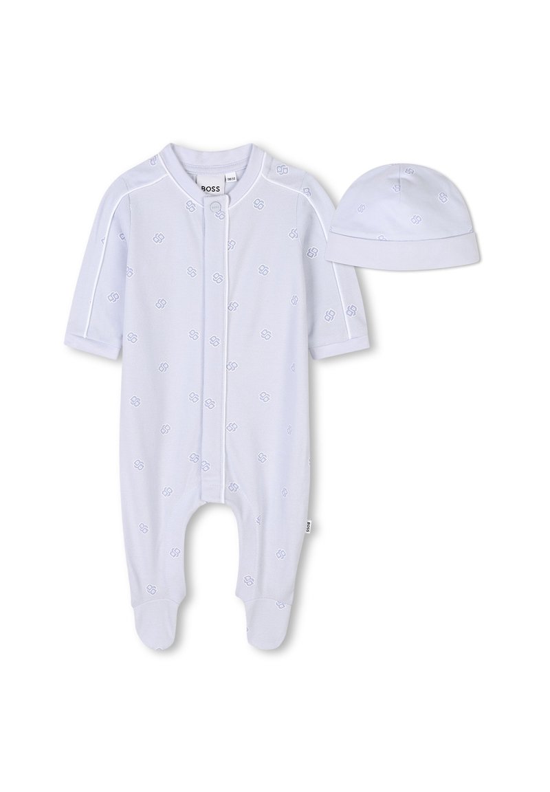 White baby sleeper with short sleeves, featuring a subtle blue logo pattern, matching hat, snap closure, and footed design for warmth.