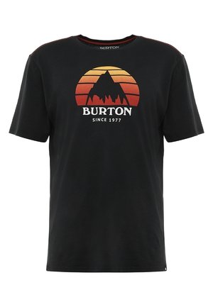 Musta lyhythihainen t-paita, jossa on auringonlaskun sävyinen vuoristografiikka ja teksti "BURTON Since 1977" edessä.