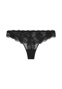 String noir en dentelle avec des bords festonnés, présentant un motif floral et un corps en maille douce. Tissu délicat et léger pour un confort optimal.