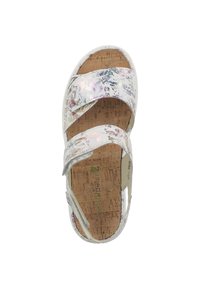 Sandale blanche avec un motif floral irisé, semelle en liège, brides réglables et design ouvert. Surface légère avec des détails texturés.