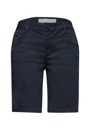 Marineblaue knielange Shorts mit Frontknopf, Gürtelschlaufen, seitlicher Reißverschlusstasche und zwei Vordertaschen.