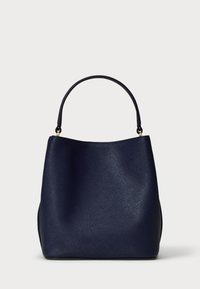 Bolsa de mão em couro azul marinho com acabamento texturizado, em forma de balde, com uma única alça e detalhes em metal dourado. Interior liso.