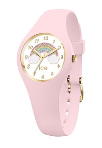 Orologio in silicone rosa con quadrante rotondo, rifiniture dorate, design arcobaleno e quadrante trasparente bianco con motivi di nuvole e numeri marcati in oro.