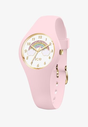 Montre en silicone rose avec un cadran rond, des accents dorés, un design arc-en-ciel et un cadran blanc transparent comportant des motifs de nuages et des chiffres marqués en or.