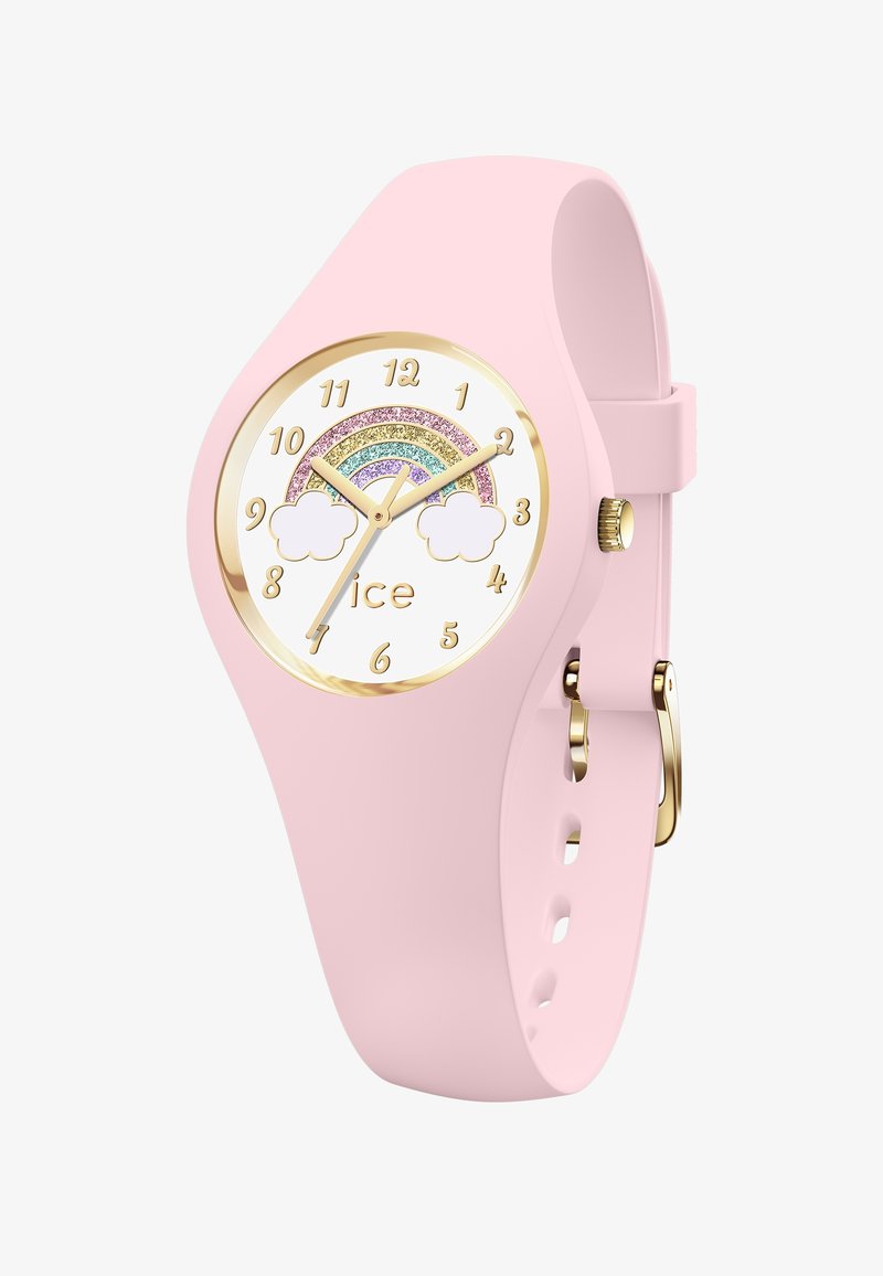 Rosa Silikon-Uhr mit rundem Ziffernblatt, goldenen Akzenten, Regenbogen-Design und klarem weißen Ziffernblatt mit Wolkenmotiven und goldenen Ziffern.
