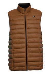 Braune Puffer-Weste mit hohem Kragen, Frontreißverschluss und gestepptem Design, das gleichmäßig verteilte, gepolsterte Segmente aufweist. Leicht und mit glatter Textur.