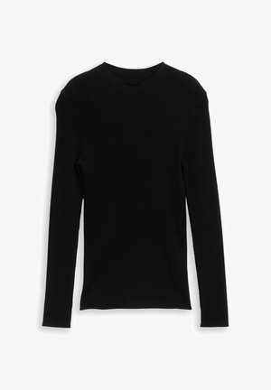 Zwart brei top met lange mouwen, een geribbelde textuur, hoge hals en aansluitende vorm. Eenvoudig ontwerp zonder extra accenten.