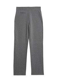 Pantalones deportivos grises de tela suave. Cuentan con un diseño de pierna recta, cintura elástica y un pequeño bolsillo trasero.