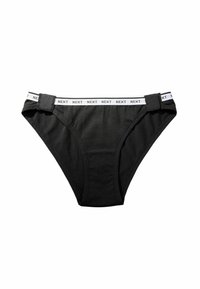 Black cotton brief with a white logo band labeled "NEXT." Features a smooth texture and a minimal design. Adjustable side straps included.