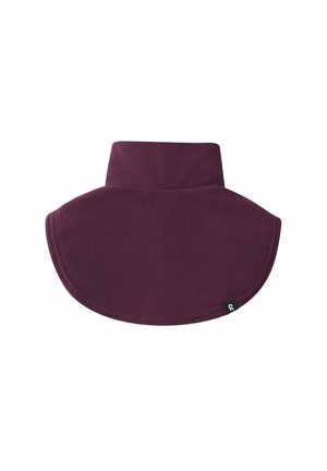 Collo in pile prugna con un collo alto e bordi arrotondati, dotato di un'etichetta con logo, progettato per calore e comfort. Morbida texture, stile versatile.