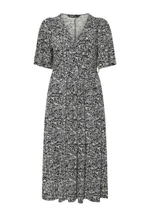 Zwart-witte midi-jurk met bloemenprint, korte pofmouwen, V-hals en wikkel tailleband.