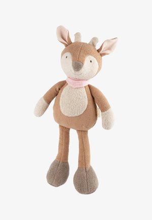 Stuffed deer toy with brown and cream fleece fabric. Features stitched facial details, large floppy ears, and a pink scarf around its neck.