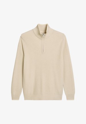 Beiger gerippter Strickpullover mit hohem Kragen und einem viertel-langen Reißverschluss vorne. Lange Ärmel und lockere Passform mit gerippten Bündchen und Saum.