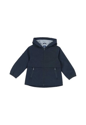 Donkerblauwe jas met een ritssluiting aan de voorkant, gestreepte binnenvoering, capuchon en twee voorzakken met rits. Zachte stof en een casual ontwerp.