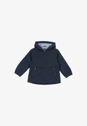 Donkerblauwe jas met een ritssluiting aan de voorkant, gestreepte binnenvoering, capuchon en twee voorzakken met rits. Zachte stof en een casual ontwerp.