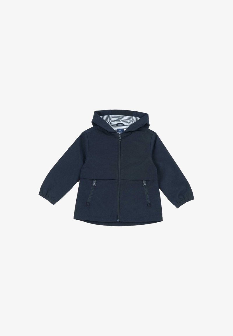 Veste bleu marine foncé avec fermeture éclair à l'avant, doublure intérieure rayée, capuche et deux poches zippées à l'avant. Tissu doux et design décontracté.