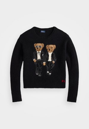 Maglione nero a maglia con due orsi ricamati che indossano fra i loro i smoking neri, uno dei quali con occhiali da sole, e le iniziali rosse "RL" sull'orlo.