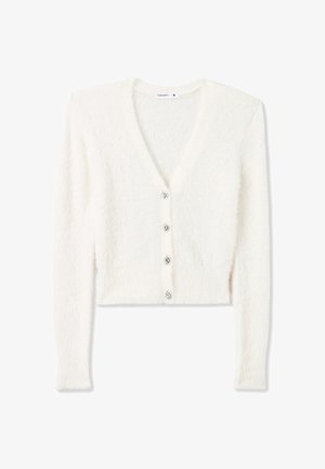 Cardigan bianco corto realizzato in morbido materiale testurizzato con scollo a V. Presenta cinque bottoni in tonalità argento sul davanti.