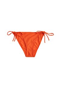 Parte de abajo de bikini naranja con cierres de lazo ajustables a cada lado. Tela suave, color sólido y forma triangular para una cobertura mínima.