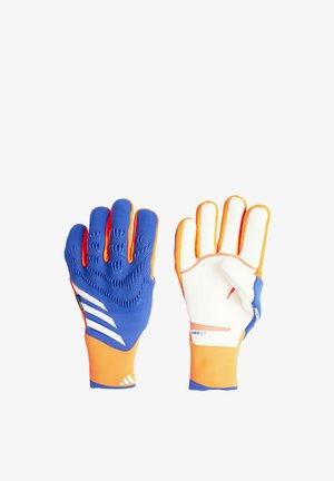 Guanti da portiere blu e bianchi con accenti arancioni, zone di presa testurizzate, protezione per il pollice e fascette regolabili per il polso.