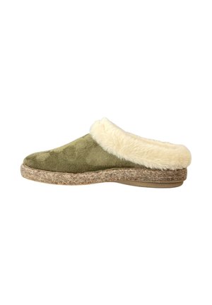 Olijfgroene instap pantoffel met een beige, zachte voering en een gestructureerde bruine zool, ontworpen voor binnencomfort.