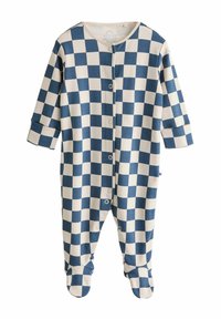 Baby one-piece med ternet mønster i blå og creme, lange ærmer, knapper ned langs fronten og med fødder.