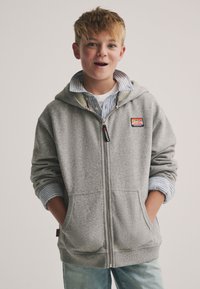 Grauer Kapuzenpullover mit Reißverschluss, Fleecefutter, Vordertaschen und einem Logopatch. Verfügt über eine lockere Passform und gestreifte Bündchen unter den Ärmeln.